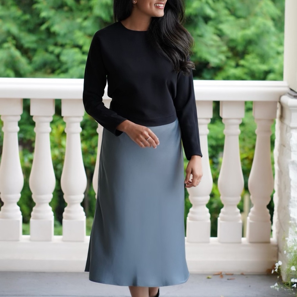 Grey satin midi skirt